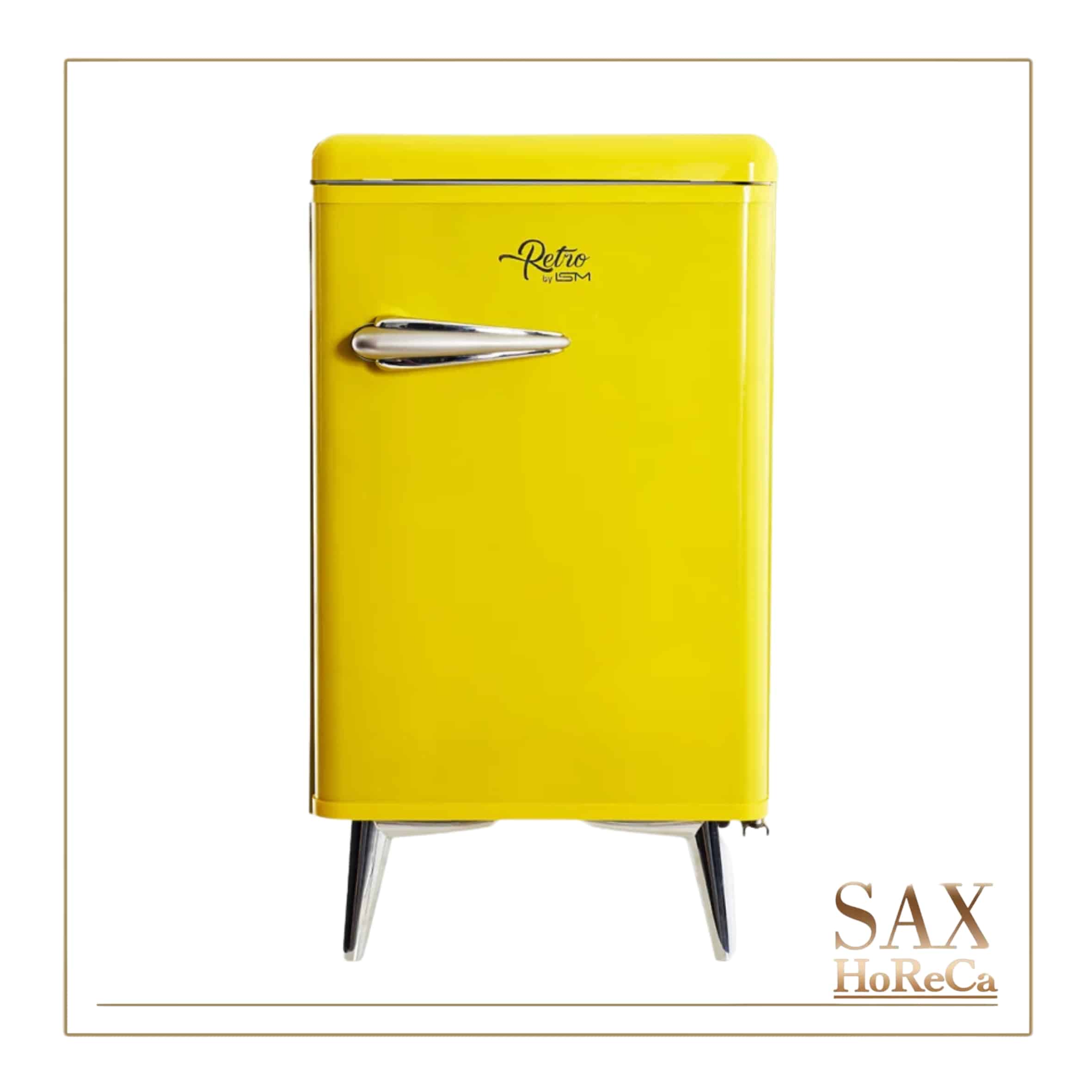 Retro-mini-bar-žuti-1 VAU efekat i rashlađeno osveženje u svakom prostoru Šarm prošlih decenija, energija žute boje, zaobljene ivice, visoki hromirani nogari i masivna retro ručka pretvaraju ovaj mini bar u upečatljiv estetski komad. Bilo da je smešten u hotelskoj sobi, apartmanu, recepciji, salonu ili stanu, postaje centralna tačka prostora.