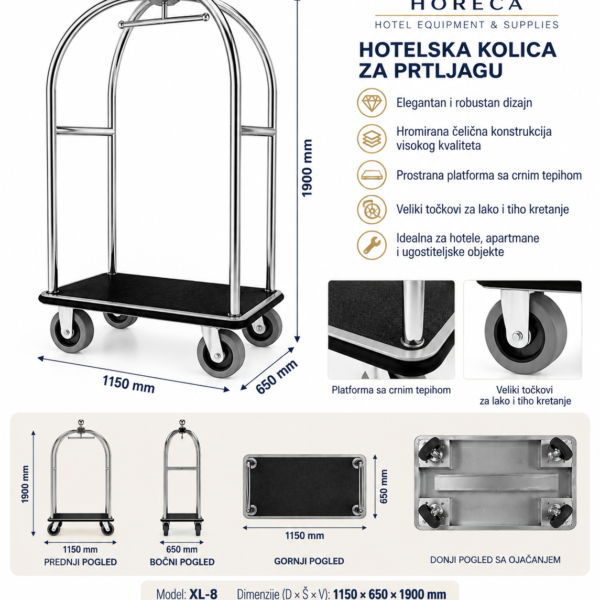 Kolica za prtljag od inox-a sa crnim tepihom BELLMAN XL-8